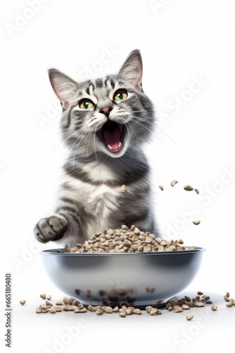 Funny happy gray cat eats from a large iron bowl full of dry food © Natasha 