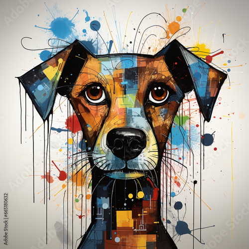 Illustration of dog with marked silhouette and painted with different colours in abstract form and some watercolours ideal for printing on T-shirts.