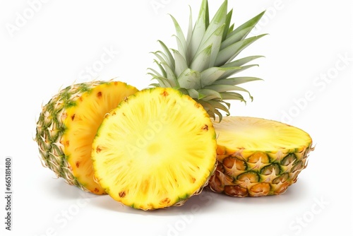 Pineapple with slices and leaves, isolated on white background. Clear focus. Generative AI