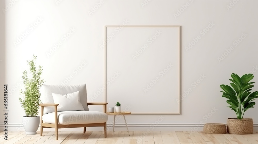 Living room interior wall mockup in warm tones with armchair and vase flower. AI generated - obrazy, fototapety, plakaty 