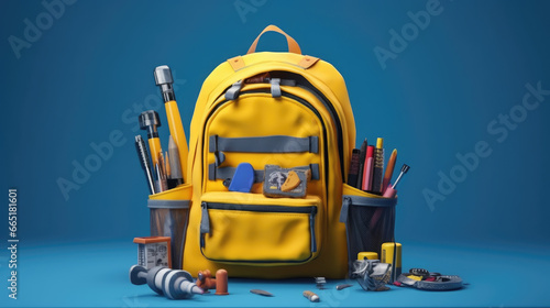 Yellow backpack with school supplies on blue background. Education concept. 3d rendering.