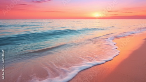 Tranquil tropical beach at dusk with vibrant orange and pink hues. Calm rippling water reflects the soft light of the sunset. Golden sand and picturesque horizon create a peaceful escape
