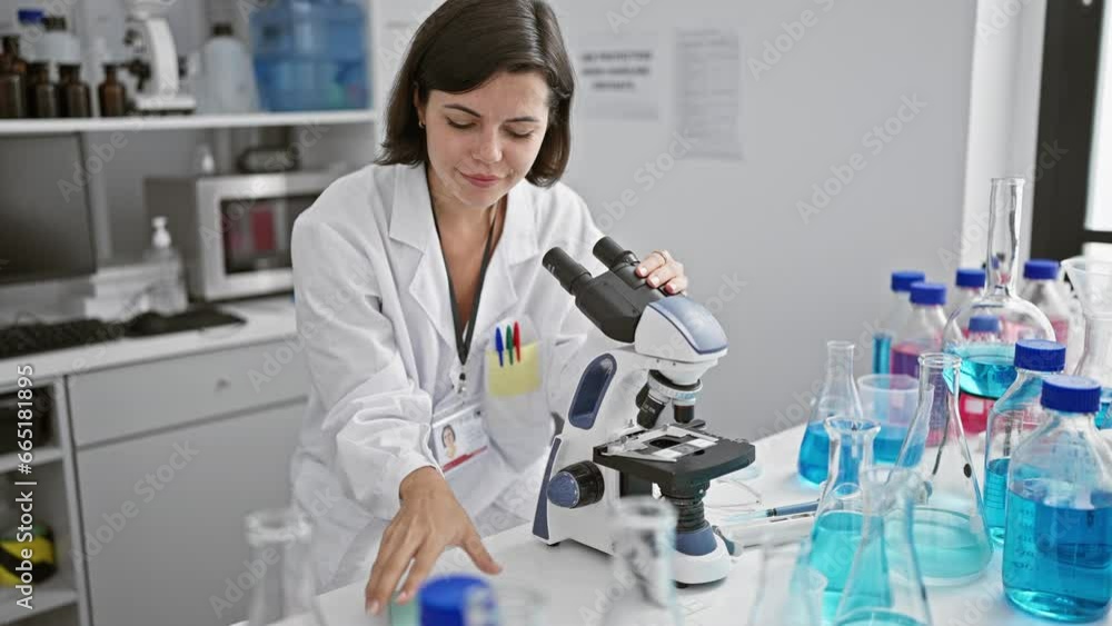 Beautiful young hispanic woman scientist multitasks on microscope and phone, immersed in groundbreaking cell research in bustling lab Beautiful young hispanic woman scientist multitasks on microscope and phone, immersed in groundbreaking cell research in bustling lab
