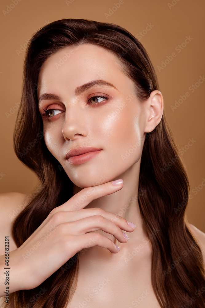 Photo of attractive pretty lady touch chin check skin after rejuvenating procedure on pastel color background Photo of attractive pretty lady touch chin check skin after rejuvenating procedure on pastel color background