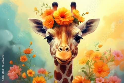 Adorable giraffe holding a vibrant flower. Generative AI