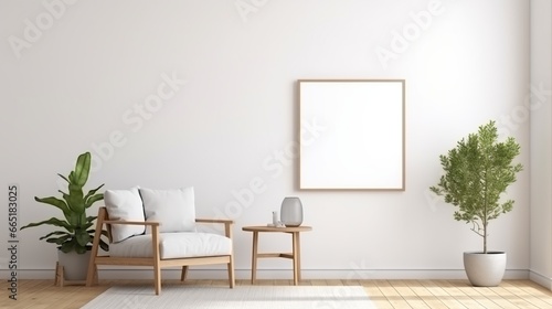 Living room interior wall mockup in warm tones with armchair and vase flower. AI generated