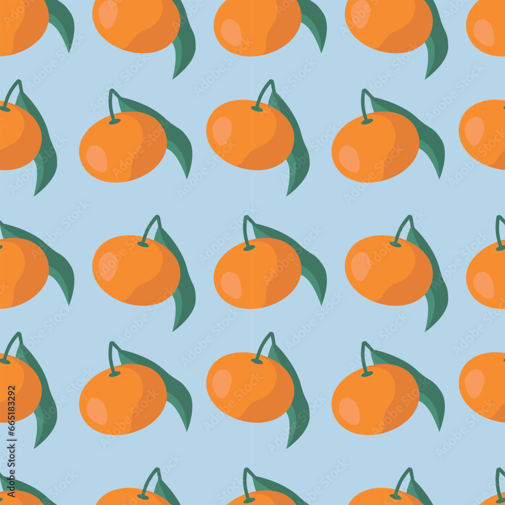 Vector illustration. Seamless pattern with orange tangerines on a light blue background. Contrasting ornament for print, wrapping paper, background, poster. Vector illustration. Seamless pattern with orange tangerines on a light blue background. Contrasting ornament for print, wrapping paper, background, poster.
