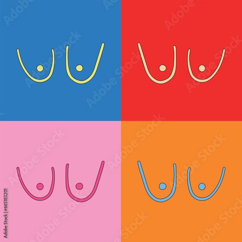 Modern vector illustration. Doodle female breasts in pop art style on a bright background. Poster set
