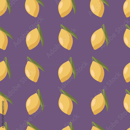 Vector illustration. Seamless pattern with yellow lemons on a purple background. Contrasting ornament for print, wrapping paper, background, poster.