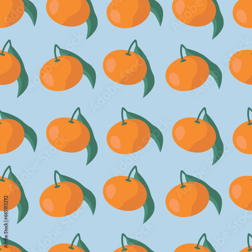 Vector illustration. Seamless pattern with orange tangerines on a light blue background. Contrasting ornament for print, wrapping paper, background, poster.