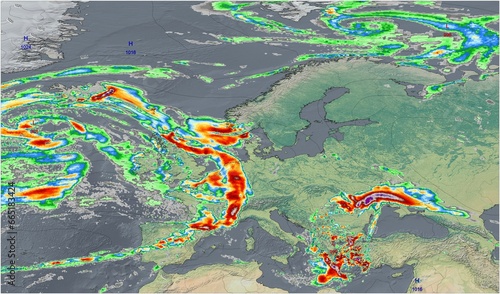 El mapa meteorológico muestra intensas precipitaciones en Europa, destacando los importantes patrones de lluvia de la región. photo