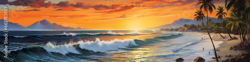 ocean sunset, landscape, sea, beach, oil painting, nature, sky, cloouds, panorama, mountains, water, palm trees, bay photo