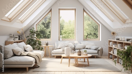 Create an image of a Scandinavian attic living room with high, vaulted ceilings and a color palette inspired by nature's serenity. © nomi_creative