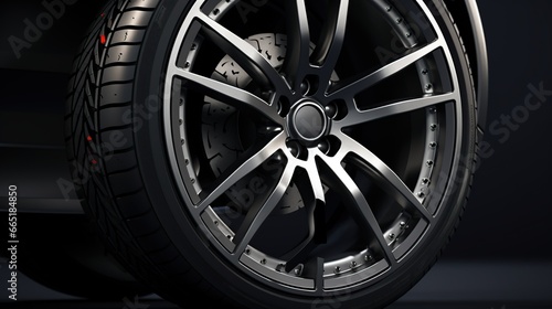 Car wheel with tire side view isolated on dark background. AI generated image © is