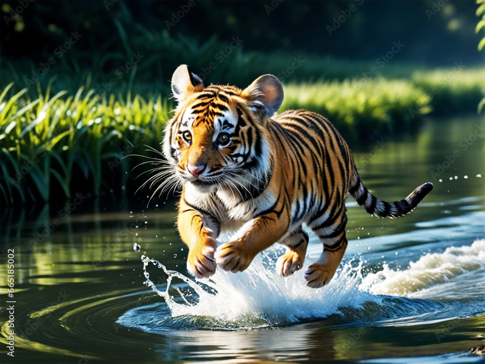 Energetic Bengal Cub: Playful Splash in Water