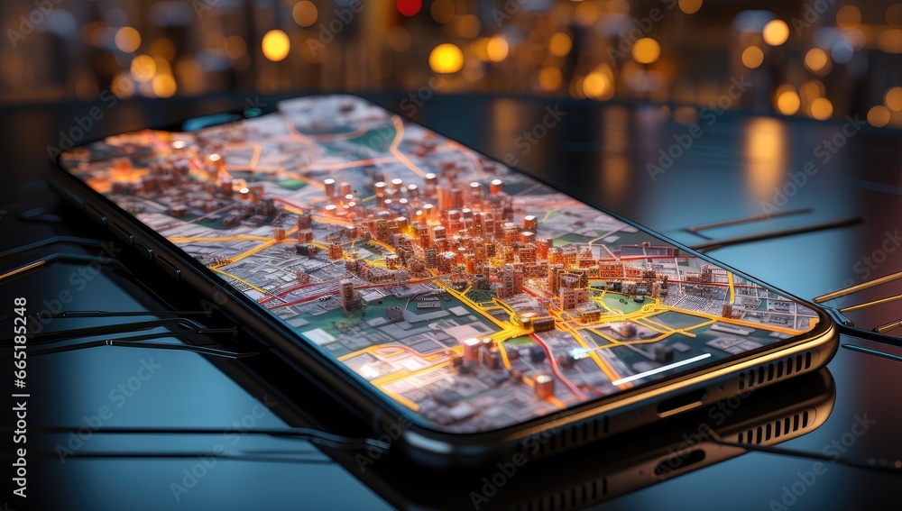 Obraz na płótnie a smartphone is holding a map of the city, in the style of realistic and hyper-detailed renderings, quirky futuristic, hdr, hendrick cornelisz vroom, rounded, rtx on, spatial w salonie