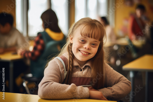 Girl, child with Down syndrome, sits in school classroom at desk before lesson, smiling. Inclusivity and education. Autism. Education for children with Down syndrome. Autistic kid