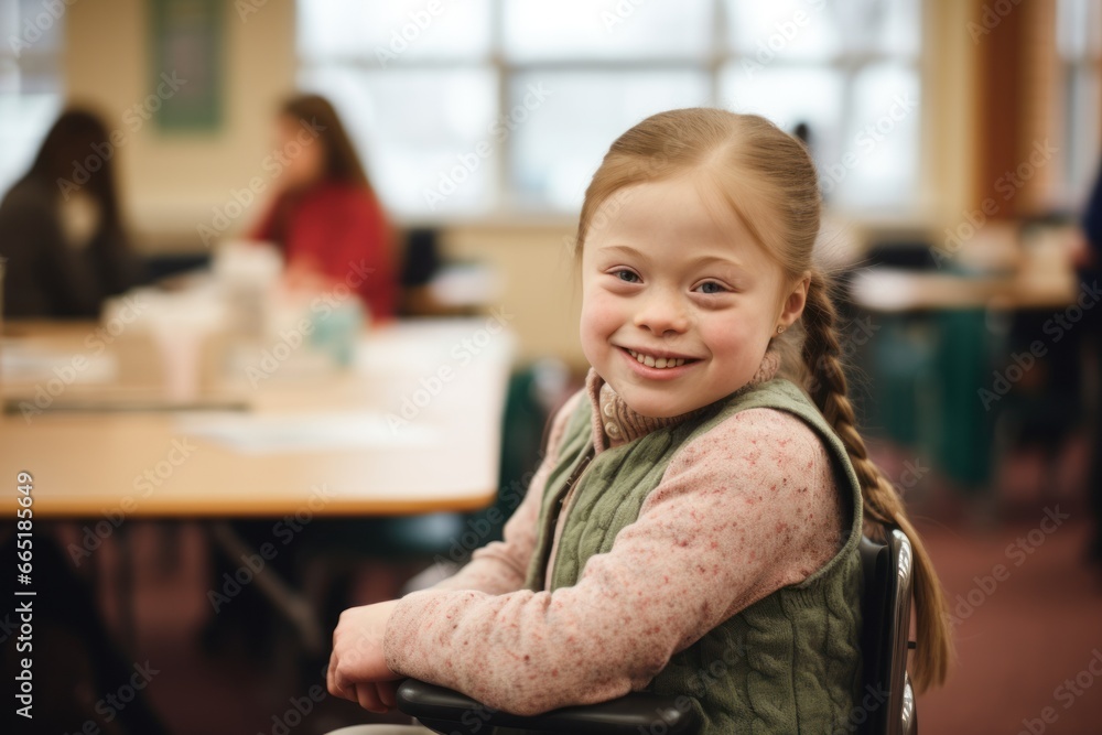 Girl, kid with Down syndrome, sits in school classroom at desk before lesson, smiling. Inclusivity and education. Autism. Education for children with Down syndrome. Autistic kid Girl, kid with Down syndrome, sits in school classroom at desk before lesson, smiling. Inclusivity and education. Autism. Education for children with Down syndrome. Autistic kid