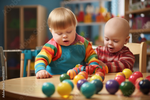 Kids boys with Down Syndrome playing together in a colorful playroom. Joy and camaraderie. Friends. Childhood autism. Education of children with disabilities. Children with Down syndrome