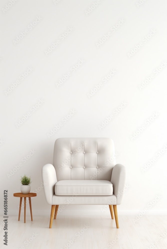One WHITE armchair with a table with a plant nearby isolated on a white background. Cozy stylish furniture, modern design. Advertising, booklet, poster, furniture store One WHITE armchair with a table with a plant nearby isolated on a white background. Cozy stylish furniture, modern design. Advertising, booklet, poster, furniture store