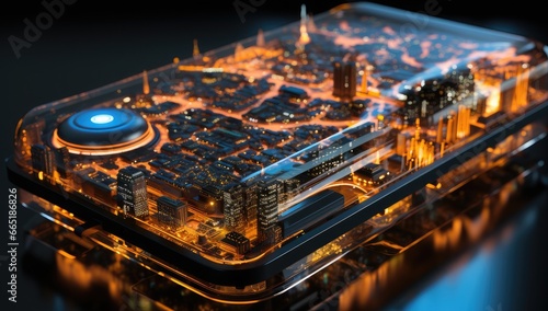 a cell phone with a map of a city, in the style of realistic hyper-detailed rendering, future tech, 8k resolution, surprisingly absurd, innovative page design, transavanguardia, automatism photo