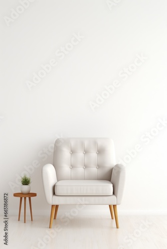 One WHITE armchair with a table with a plant nearby isolated on a white background. Cozy stylish furniture, modern design. Advertising, booklet, poster, furniture store