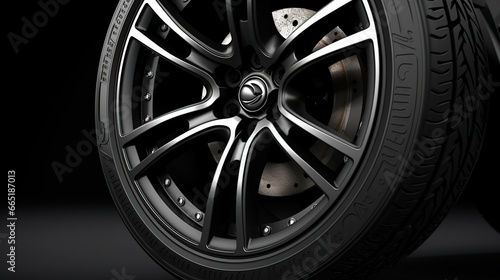 Car wheel with tire side view isolated on dark background. AI generated image