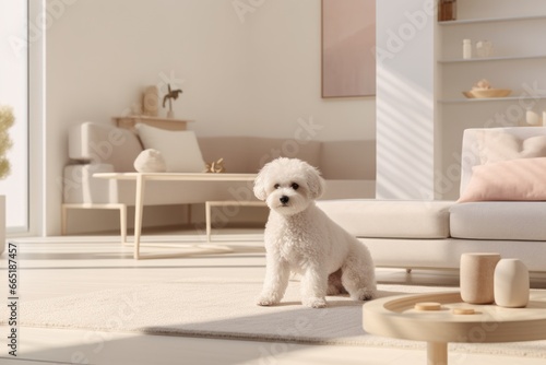 Purebred pedigreed white Bichon Frize dog in a modern interior of a bright, cozy living room in a Scandinavian style in soft colors. Cute puppy. Copy Space. Advertising, banner, poster, placard.