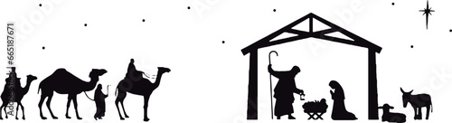 Black and white Christmas manger, Bethlehem, birth of Jesus