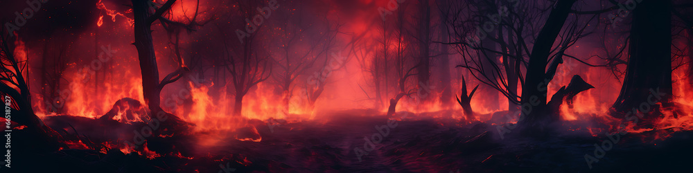 
dark forest, wide view, gloomy, scary, halloween, cinematic, bluish mood with points of fire in the background