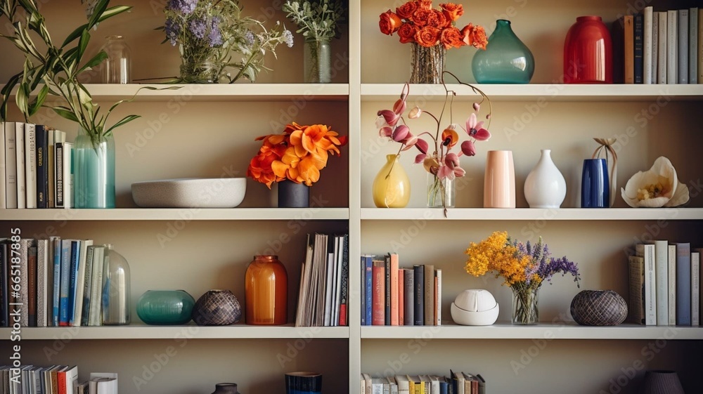 shelf with books and ornaments shelf with books and ornaments