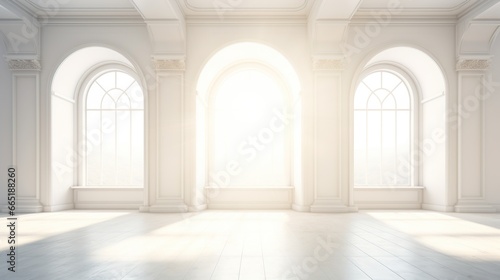 Empty light white room with windows and shadow. AI generated image © is