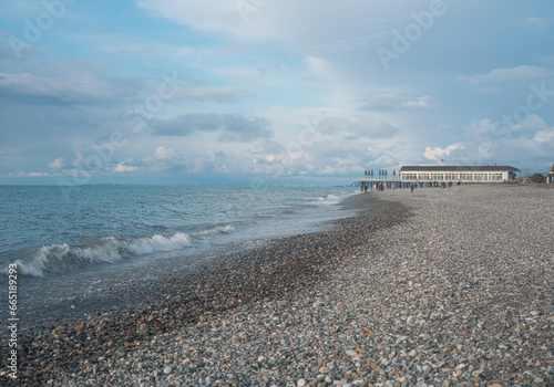 Batumi Georgia sea beach, sand and stones, mountains