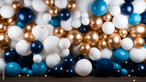 beautiful festive background with blue balloons and gold ribbons. © Daniel