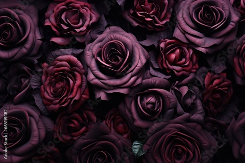 Elegant dark roses on a decorative floral backdrop. Generative AI