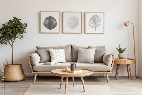 Ambiente sala de estar com decoração cinza e natural - Papel de parede - Sofá, mesa de centro e quadros photo