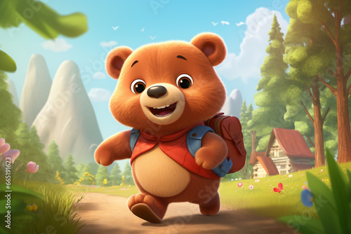 Urso fofo com um sorriso usando mochila de escola - Ilustração personagem fofo