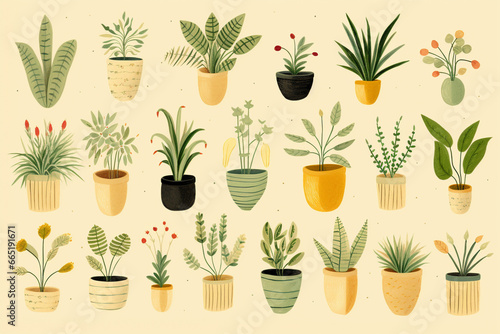 Vasos amarelos de plantas no fundo amarelo - Papel de parede - Ilustração fofa 