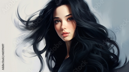 beautiful woman with black hair. fashion illustration.