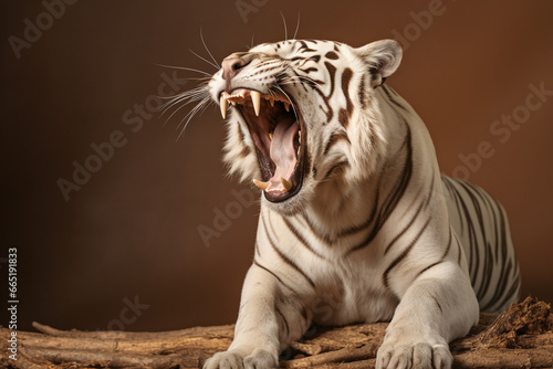 Tigre branco rugindo isolado no fundo marrom - Papel de parede