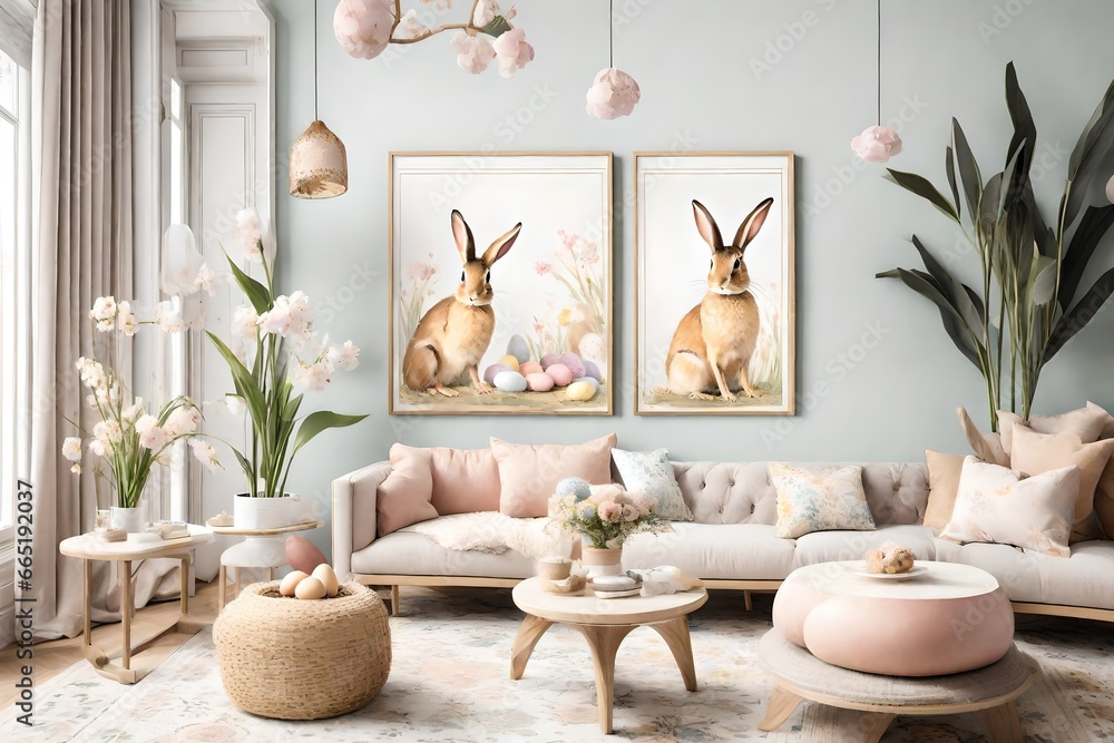 A Canvas Frame for a mockup poised elegantly in an Easter living room, with the inviting allure of a cozy reading nook decked out with Easter motifs and pastel-colored decor