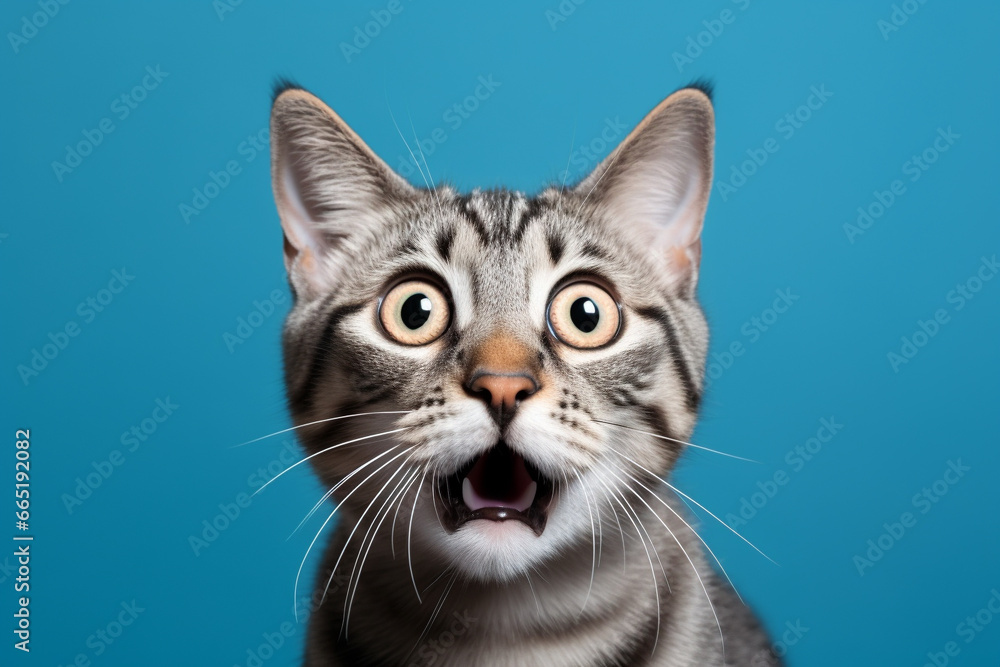 Gato cinza com expressão de impressionado no fundo azul - Papel de parede