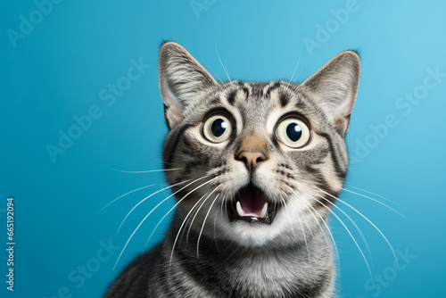Gato cinza com expressão de impressionado no fundo azul - Papel de parede © vitor
