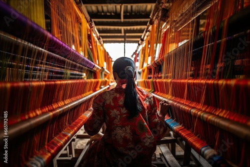 Woman weaving silk on loom at traditional silk loom weaving factory, Unidentified women weaving traditional Chinese silk, tribal culture, hand made cloths photo