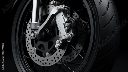 Close up of front caliper motorcycle disc brake. AI generated image photo