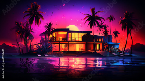 a poster for a very chic evening, in a very colorful neon style, beach club