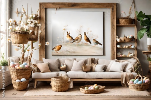 A Canvas Frame for a mockup showcasing a tranquil Easter living room scene, where a hearth is decorated with woven Easter baskets and the soft chirping of birds can almost be heard