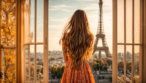 Girl in a dress, beautiful hair against the background of the Eiffel Tower photo