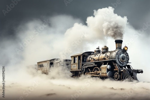 smoky locomotive on plain backdrop. Generative AI