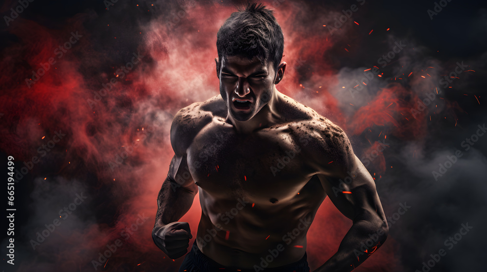 Muscular fighter man with strong expression coming out of dust smoke Muscular fighter man with strong expression coming out of dust smoke